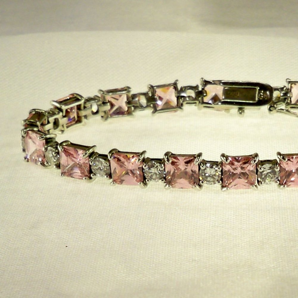 NEW Princess Cut Pink Cubic Zirconias Silver DESIGNER Bracelet